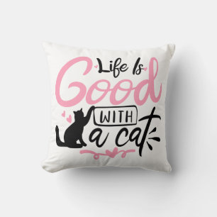 Life Is Good Kitten Kitty Mum Pink Black Cat Cushion