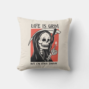 Life Is Grim Funny Grim Reaper Funny Sarcastic Pun Cushion