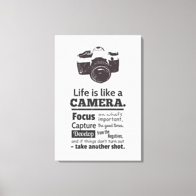 Life is like a camera quote, Black Grunge Canvas Print (Front)