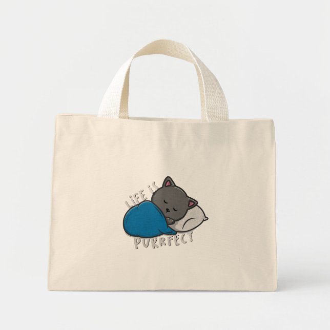 Life is Purrfect - Sleeping Cat Mini Tote Bag (Front)