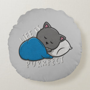 Life is Purrfect - Sleeping Cat Round Cushion