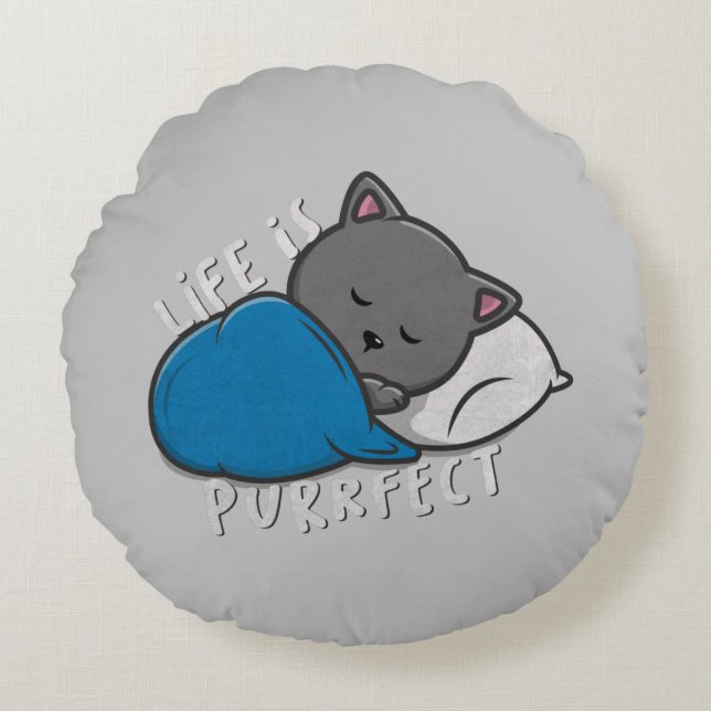 Life is Purrfect - Sleeping Cat Round Cushion (Front)
