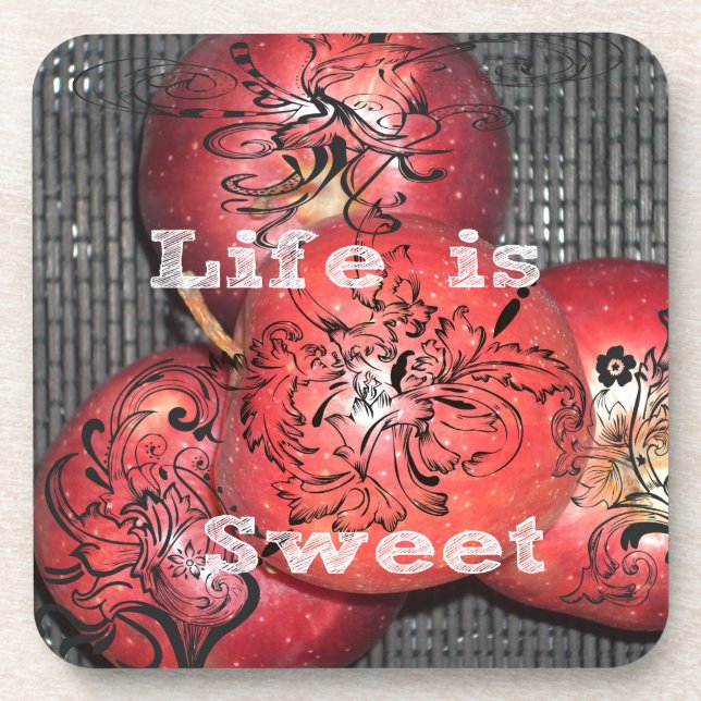 Life is Sweet: Apple and Floral Motif Design Coaster (Front)