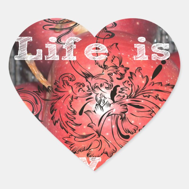 Life is Sweet: Apple and Floral Motif Design Heart Sticker (Front)