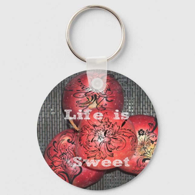Life is Sweet: Apple and Floral Motif Design Key Ring (Front)