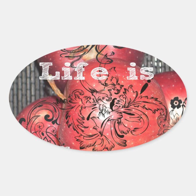 Life is Sweet: Apple and Floral Motif Design Oval Sticker (Front)