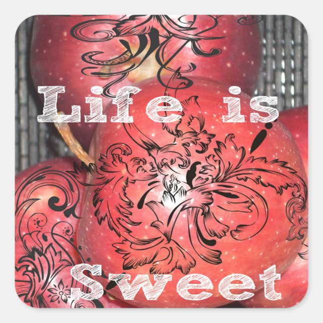 Life is Sweet: Apple and Floral Motif Design Square Sticker (Front)