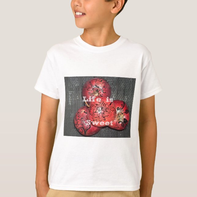 Life is Sweet: Apple and Floral Motif Design T-Shirt (Front)