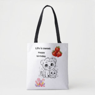 Life is Sweet Cute Cat and Strawberry Birthday tot Tote Bag