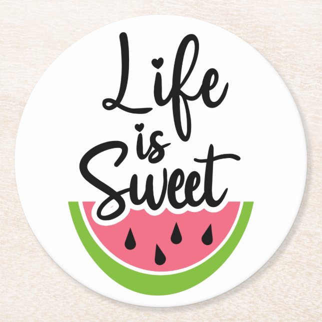 Life is Sweet Cute Fruit Summer Party Watermelon Round Paper Coaster (Front)