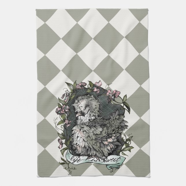 Life is Sweet (Silkie Hen & Sweet Peas) Checks Tea Towel (Vertical)