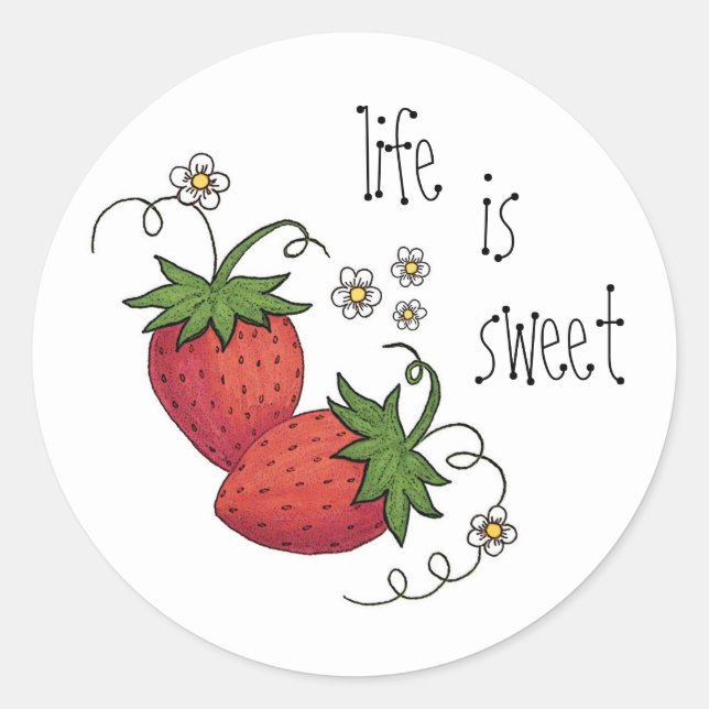 Life is Sweet Strawberry round stickers (Front)