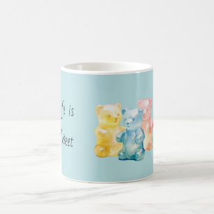 Life is Sweet Yellow Blue Pink Gummy Bears Coffee Mug