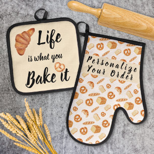 Life is What You Bake It Watercolor Pastry & Bread Oven Mitt & Pot Holder Set
