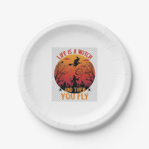 Life Is Witch Then You Fly Halloween Graveyard Bat Paper Plate