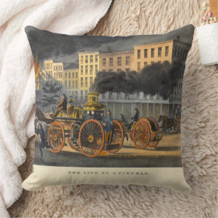 Life of a Fireman Vintage 1860s Lithograph Cushion