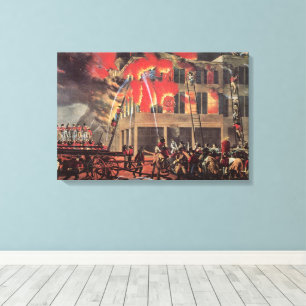 Life of a Fireman, Vintage Firemen Fighting a Fire Canvas Print
