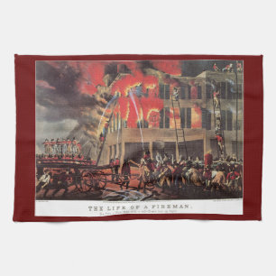 Life of a Fireman, Vintage Firemen Fighting a Fire Tea Towel