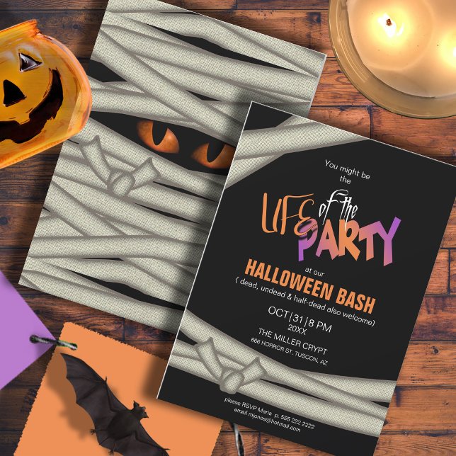 Life of the Party Mummy Halloween Orange ID685 Invitation (Front/Back In Situ)