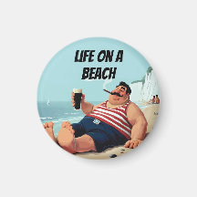 Life on Beach, Man smoking Cigar and Drinking Beer