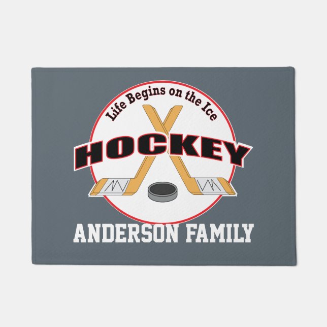 Life on Ice Hockey Sticks and Puck Family Name Doormat (Front)
