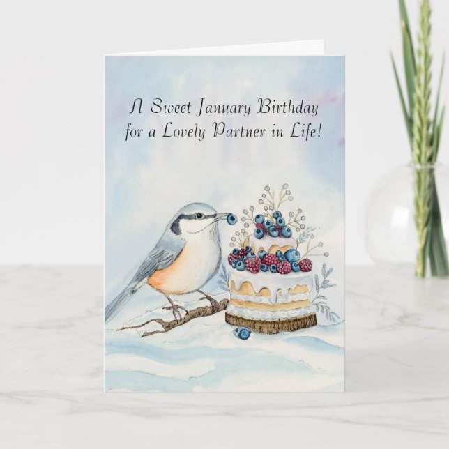 Life Partner Happy January Birthday Nuthatch  Card (Front)
