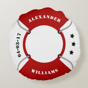 Life Ring, Lifebuoy, Red and White Nautical Round Cushion