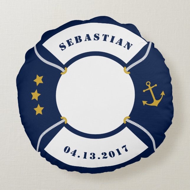 Life Ring Pillow, Personalizable Nautical Nursery Round Cushion (Back)