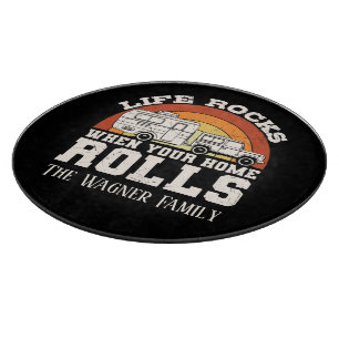 life rocks rolls add name camper cutting board