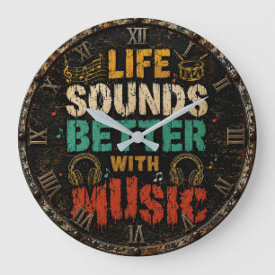 Life Sounds Better with Music Vintage Rustic Large Clock