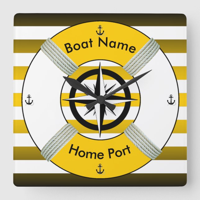 Lifebuoy~Life-Ring ~Livesaver~ Gold Black & White~ Square Wall Clock (Front)