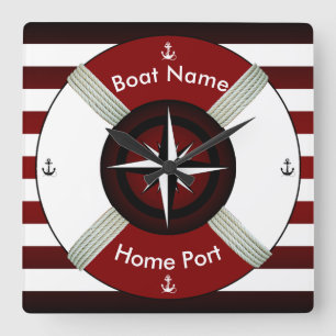 Lifebuoy ~ Life-Ring ~ Livesaver ~Maroon Bl & Wh~ Square Wall Clock