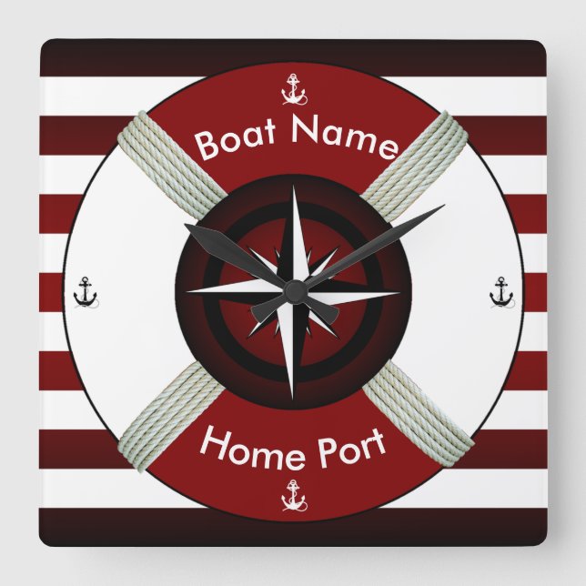 Lifebuoy ~ Life-Ring ~ Livesaver ~Maroon Bl & Wh~ Square Wall Clock (Front)