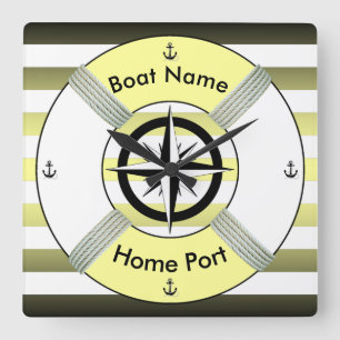 Lifebuoy ~ Life-Ring ~ Yellow Green Black & White Square Wall Clock