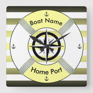 Lifebuoy ~ Life-Ring ~ Yellow Green Black & White Square Wall Clock