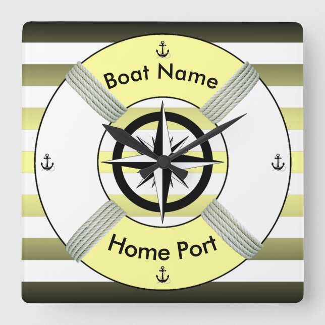 Lifebuoy ~ Life-Ring ~ Yellow Green Black & White Square Wall Clock (Front)