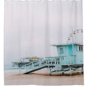 LIFEGUARD POST ON SHORE UNDER WHITE SKY SHOWER CURTAIN