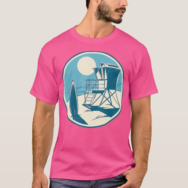 Lifeguard Stand Beach Surfboard Retro Vibe Surf T-Shirt (Front)