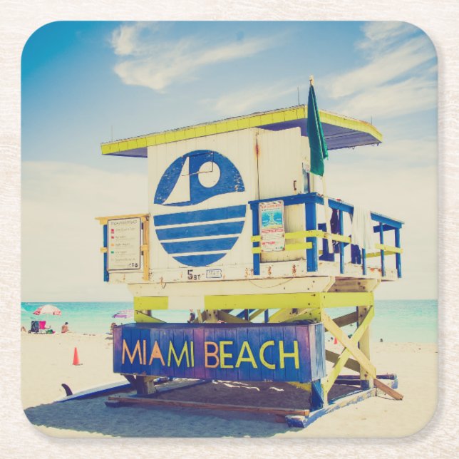 Lifeguard Tower | South Beach, Miami, Fl Square Paper Coaster (Front)