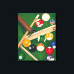 Lifelike Billiards Table with Balls and Chalk Canvas Print<br><div class="desc">Rack 'em up with this spectacular painting of a billiards table by Jennifer Goldberger. The balls look new, the felt looks immaculate, and the chalk has already been applied to the cue sticks. Hang this in your home, or gift it to a friend or loved one who enjoys a game...</div>