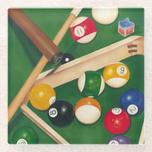 Lifelike Billiards Table with Balls and Chalk Glass Coaster (Front)