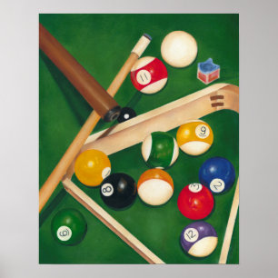 Lifelike Billiards Table with Balls and Chalk Poster