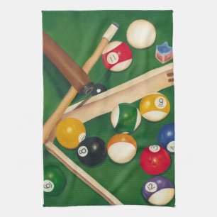Lifelike Billiards Table with Balls and Chalk Tea Towel