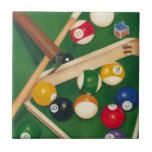 Lifelike Billiards Table with Balls and Chalk Tile<br><div class="desc">Rack 'em up with this spectacular painting of a billiards table by Jennifer Goldberger. The balls look new, the felt looks immaculate, and the chalk has already been applied to the cue sticks. Hang this in your home, or gift it to a friend or loved one who enjoys a game...</div>