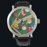 Lifelike Billiards Table with Balls and Chalk Watch<br><div class="desc">Rack 'em up with this spectacular painting of a billiards table by Jennifer Goldberger. The balls look new, the felt looks immaculate, and the chalk has already been applied to the cue sticks. Hang this in your home, or gift it to a friend or loved one who enjoys a game...</div>
