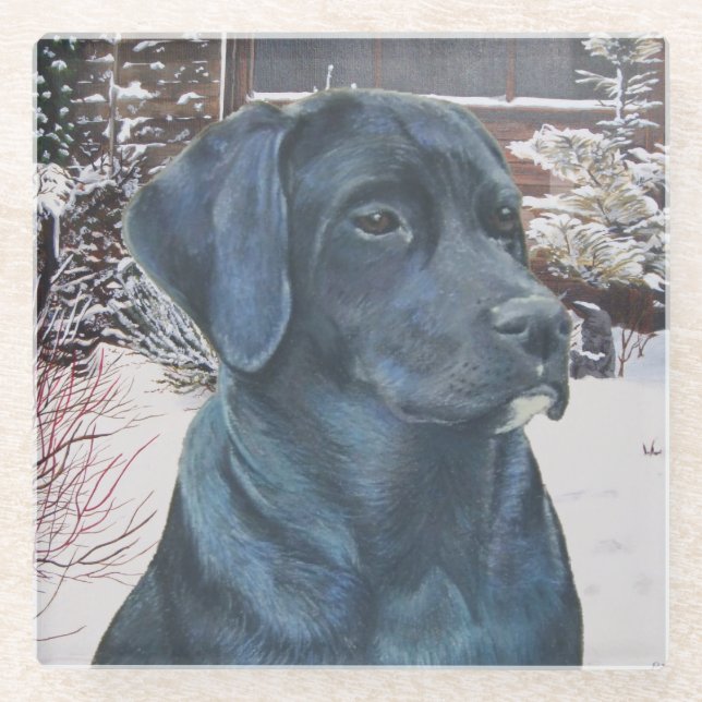 lifelike portrait picture of black labrador dog glass coaster (Front)