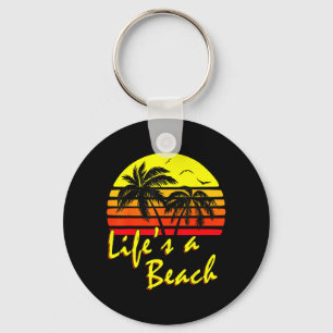 Lifes A Beach 80s summer Beach Palm Tree Sunset Key Ring