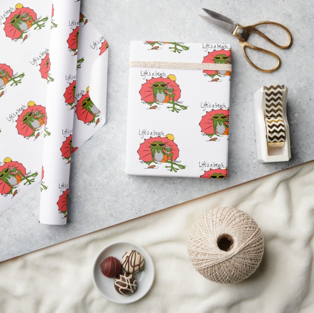 Life's a Beach Cartoon Frog with Umbrella Humourou Wrapping Paper (Crafts)