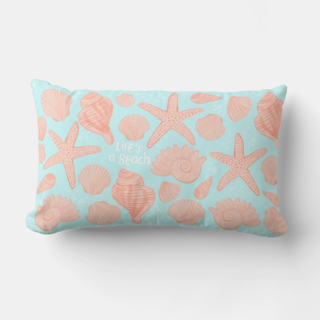 Life's A Beach Pink Seashells on Light BLue Lumbar Cushion (Front)