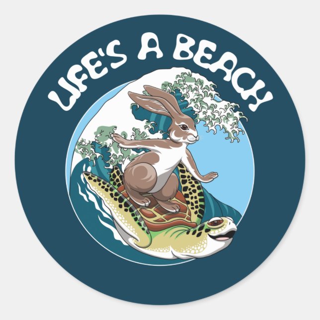 Life's a Beach - Rabbit and Turtle Surfing Classic Round Sticker (Front)